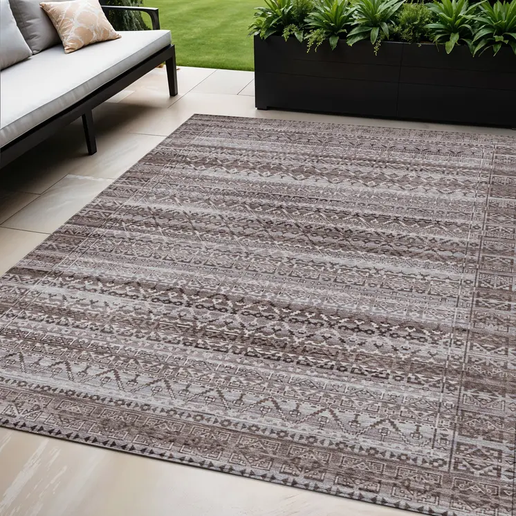 5' X 8' Brown And Beige Striped Washable Indoor Outdoor Area Rug