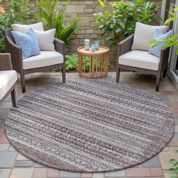 8' Brown And Beige Round Striped Washable Indoor Outdoor Area Rug