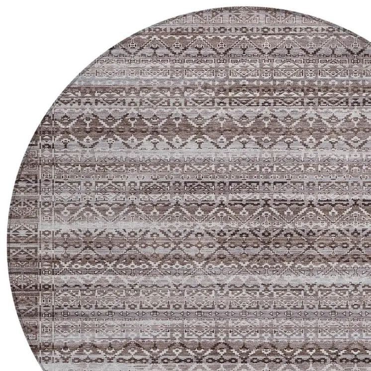 8' Brown And Beige Round Striped Washable Indoor Outdoor Area Rug