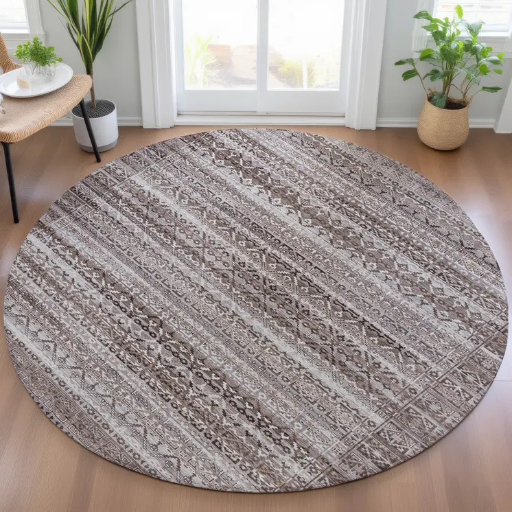 8' Brown And Beige Round Striped Washable Indoor Outdoor Area Rug