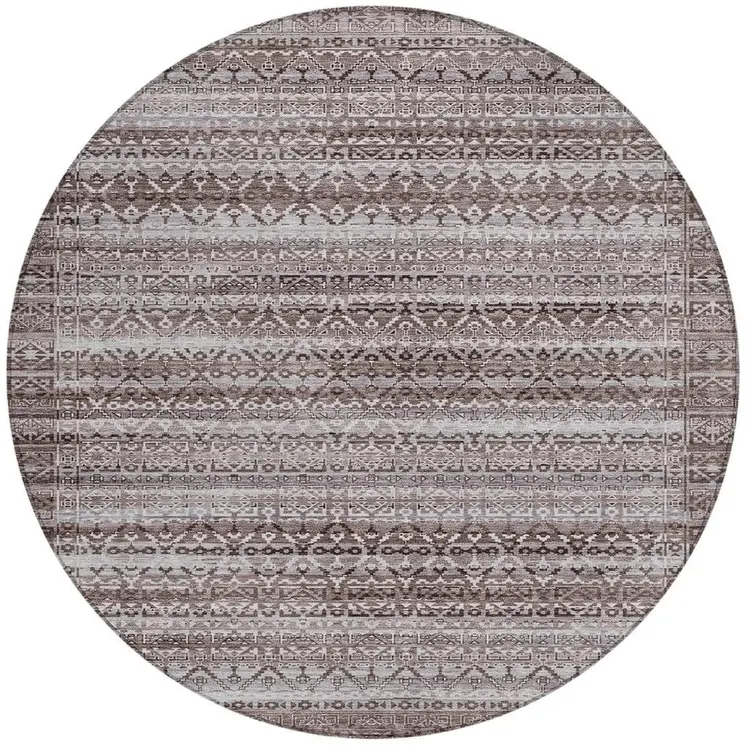 8' Brown And Beige Round Striped Washable Indoor Outdoor Area Rug