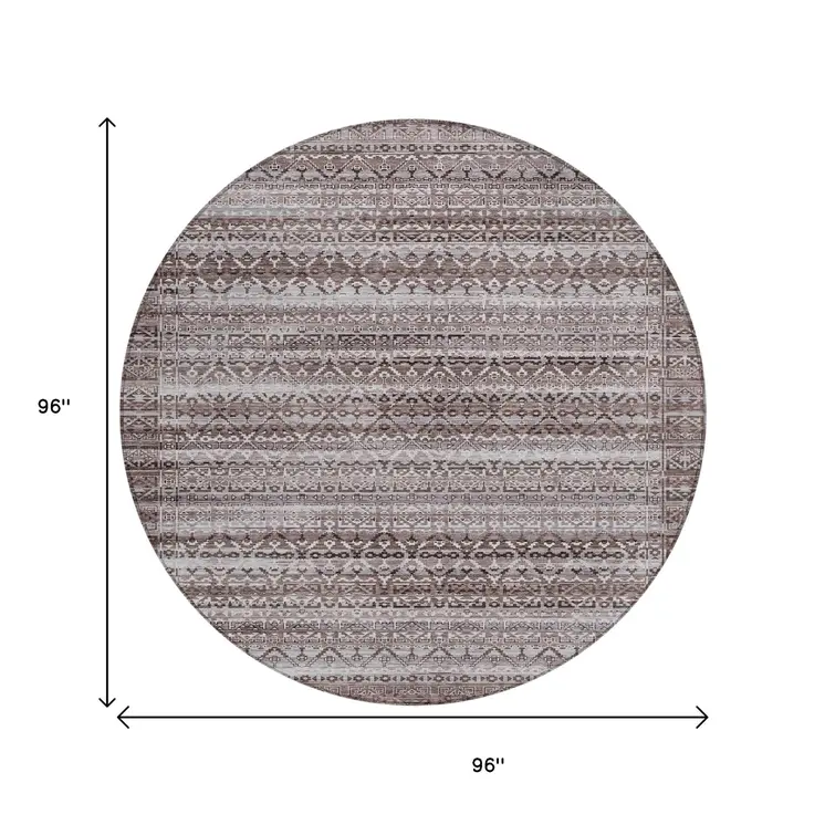 8' Brown And Beige Round Striped Washable Indoor Outdoor Area Rug