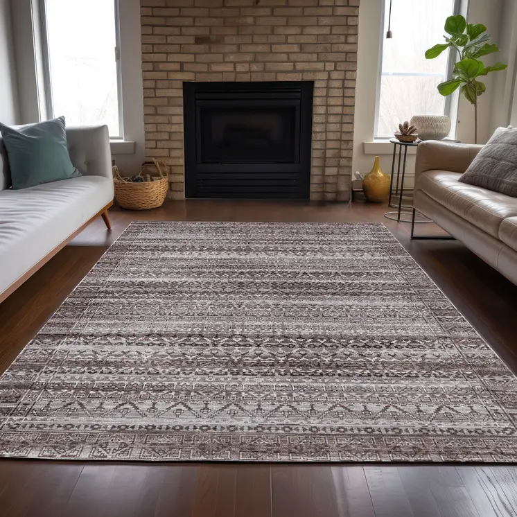 8' X 10' Brown And Beige Striped Washable Indoor Outdoor Area Rug