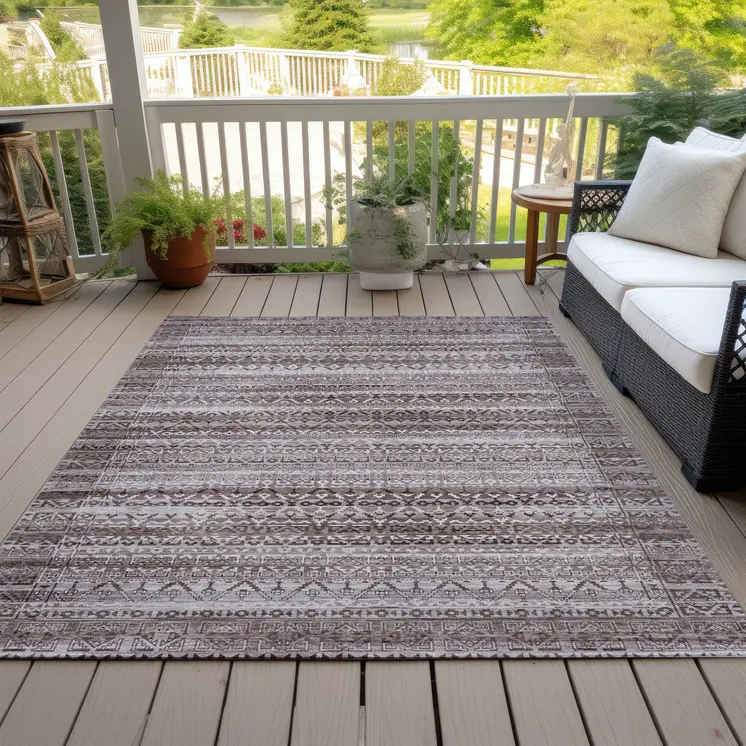 8' X 10' Brown And Beige Striped Washable Indoor Outdoor Area Rug