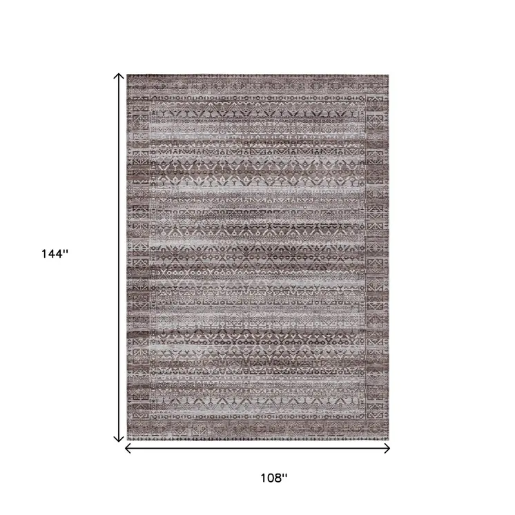 9' X 12' Brown And Beige Striped Washable Indoor Outdoor Area Rug