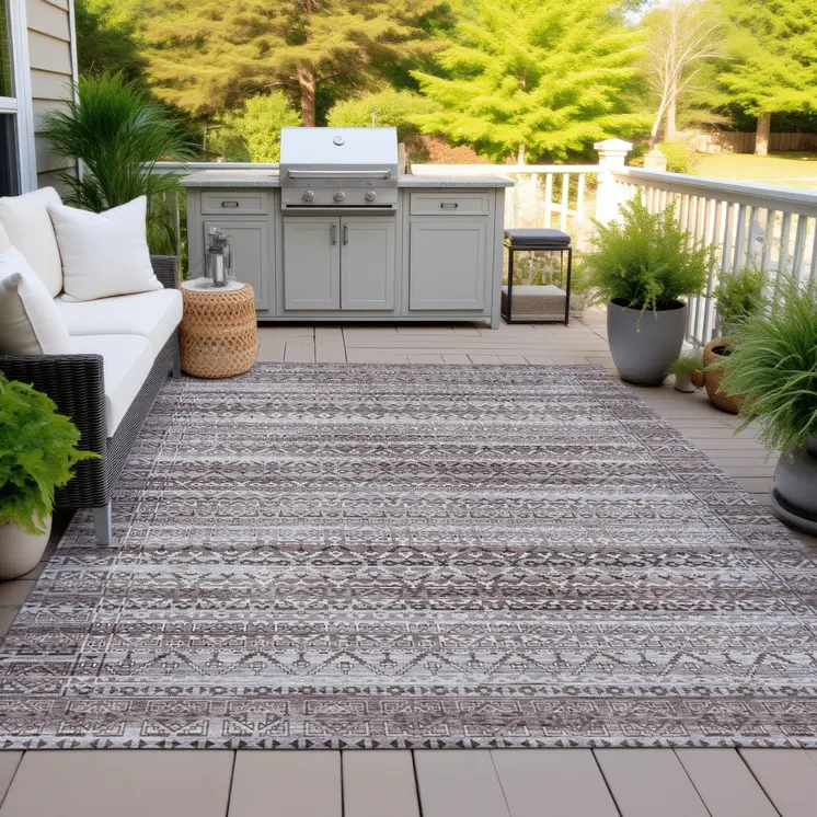 9' X 12' Brown And Beige Striped Washable Indoor Outdoor Area Rug