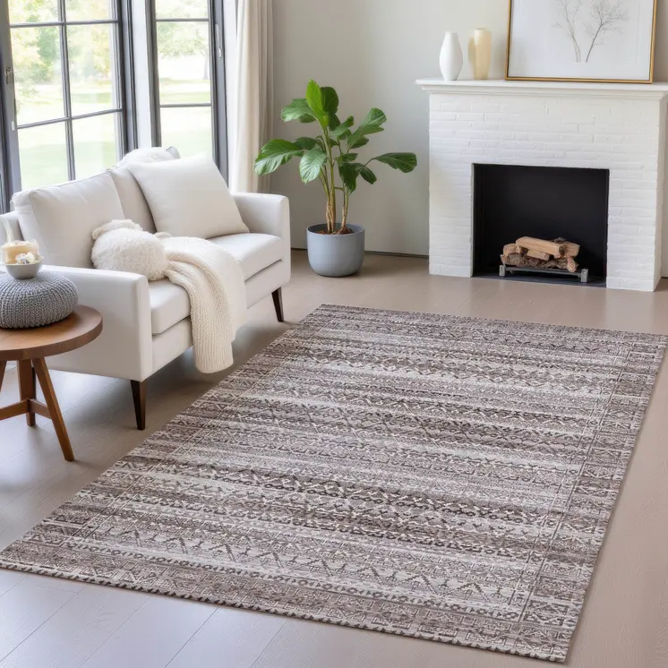 9' X 12' Brown And Beige Striped Washable Indoor Outdoor Area Rug