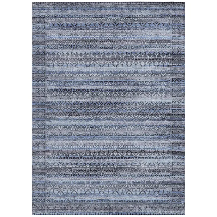 3' X 5' Blue And Charcoal Striped Washable Indoor Outdoor Area Rug