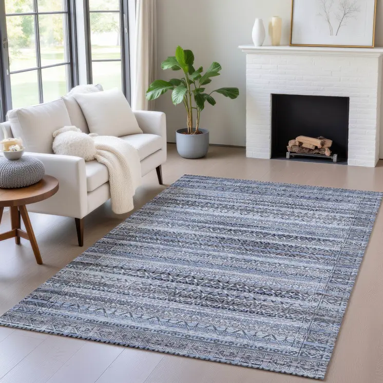 3' X 5' Blue And Charcoal Striped Washable Indoor Outdoor Area Rug