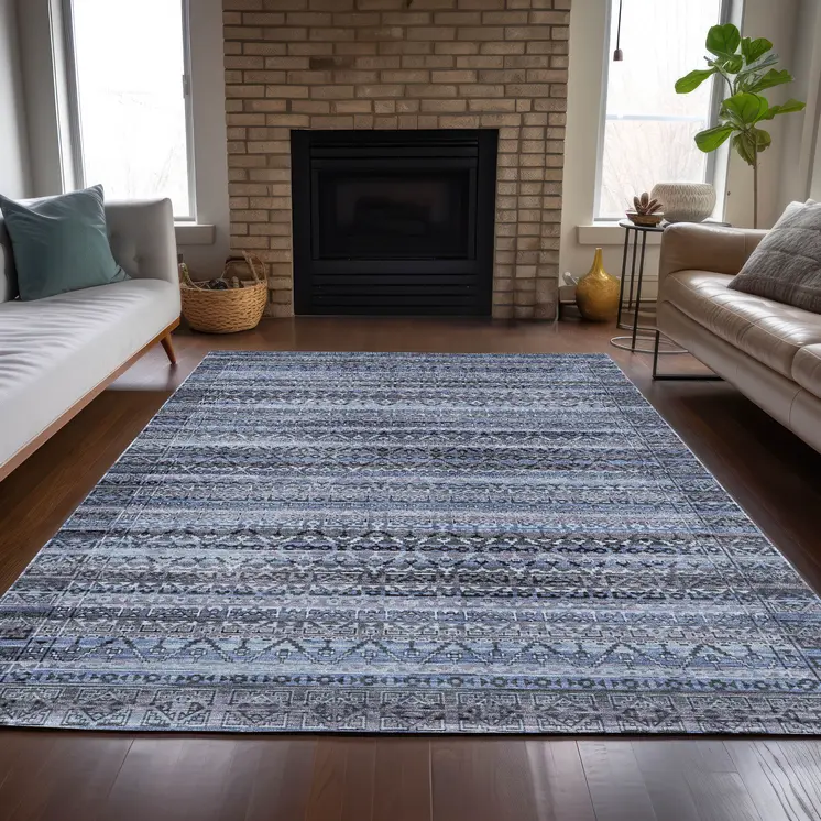 3' X 5' Blue And Charcoal Striped Washable Indoor Outdoor Area Rug