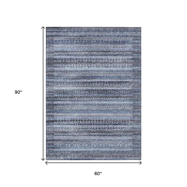 5' X 8' Blue And Charcoal Striped Washable Indoor Outdoor Area Rug