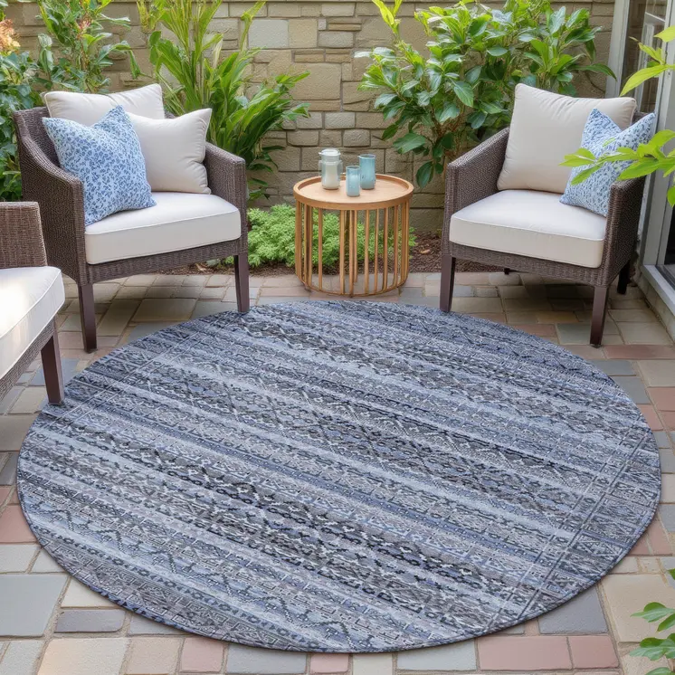 8' Blue And Charcoal Round Striped Washable Indoor Outdoor Area Rug