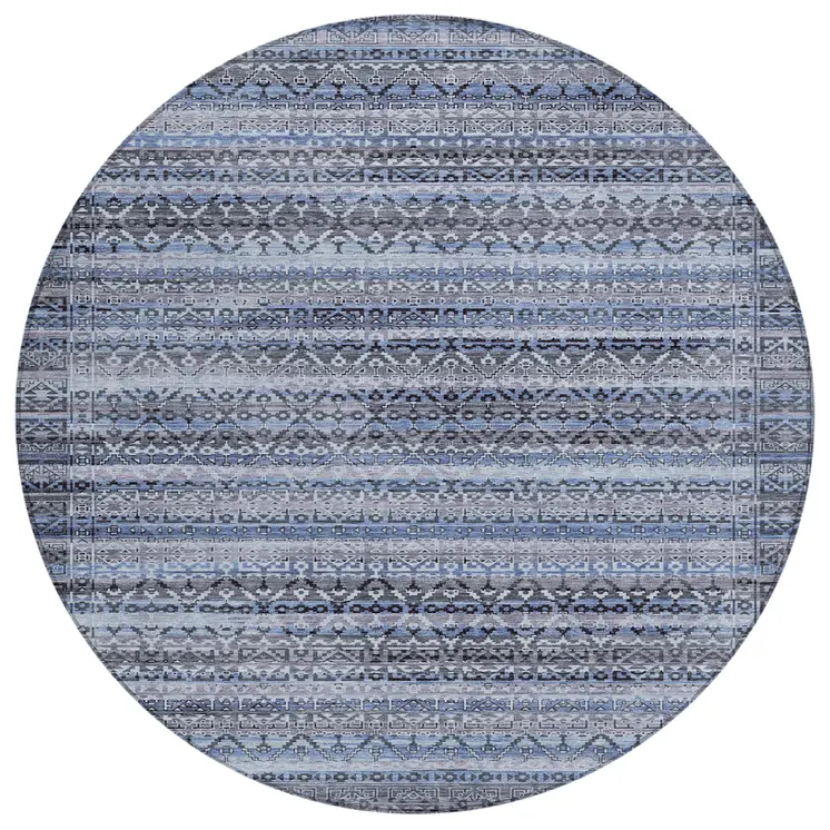 8' Blue And Charcoal Round Striped Washable Indoor Outdoor Area Rug