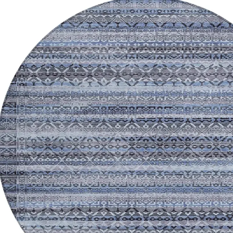 8' Blue And Charcoal Round Striped Washable Indoor Outdoor Area Rug