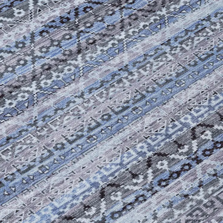 8' Blue And Charcoal Round Striped Washable Indoor Outdoor Area Rug