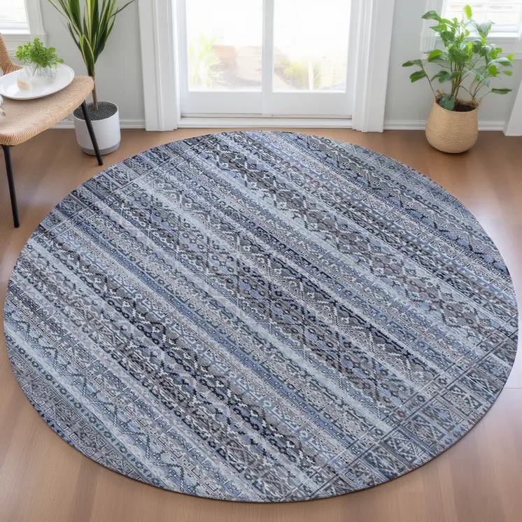 8' Blue And Charcoal Round Striped Washable Indoor Outdoor Area Rug