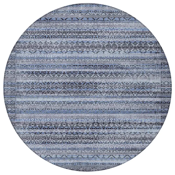 8' Blue And Charcoal Round Striped Washable Indoor Outdoor Area Rug