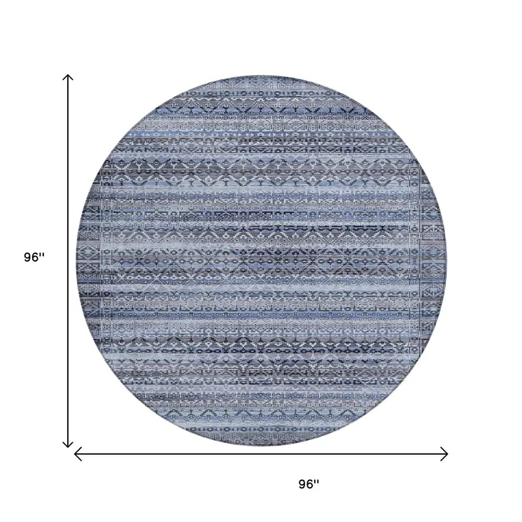 8' Blue And Charcoal Round Striped Washable Indoor Outdoor Area Rug