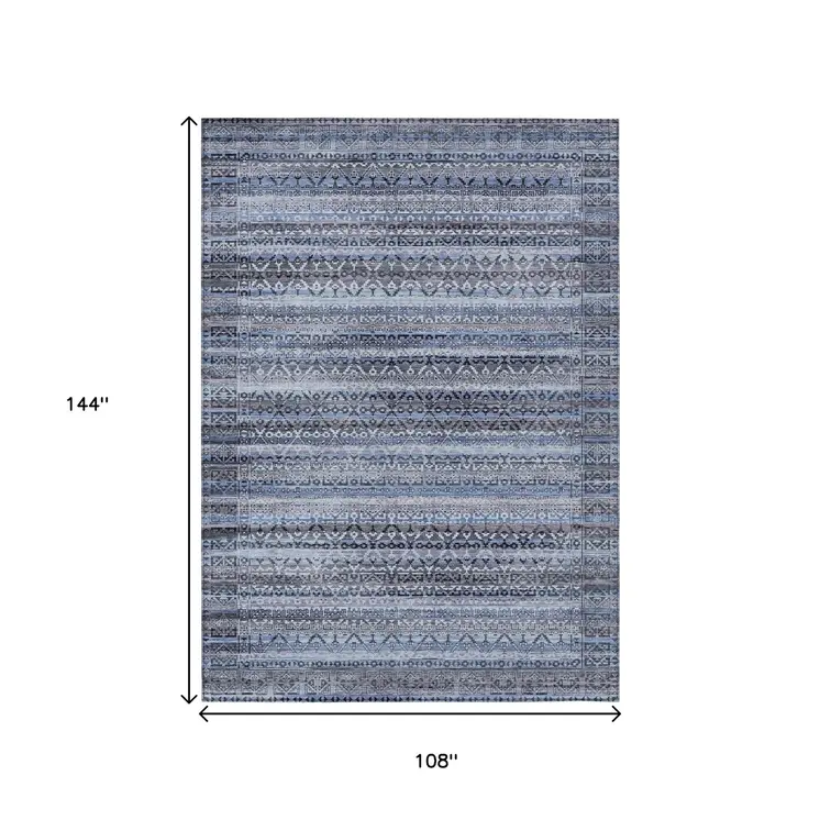 9' X 12' Blue And Charcoal Striped Washable Indoor Outdoor Area Rug