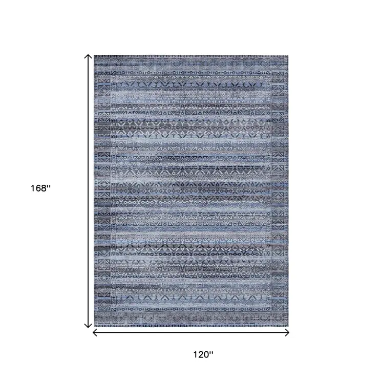 10' X 14' Blue And Charcoal Striped Washable Indoor Outdoor Area Rug
