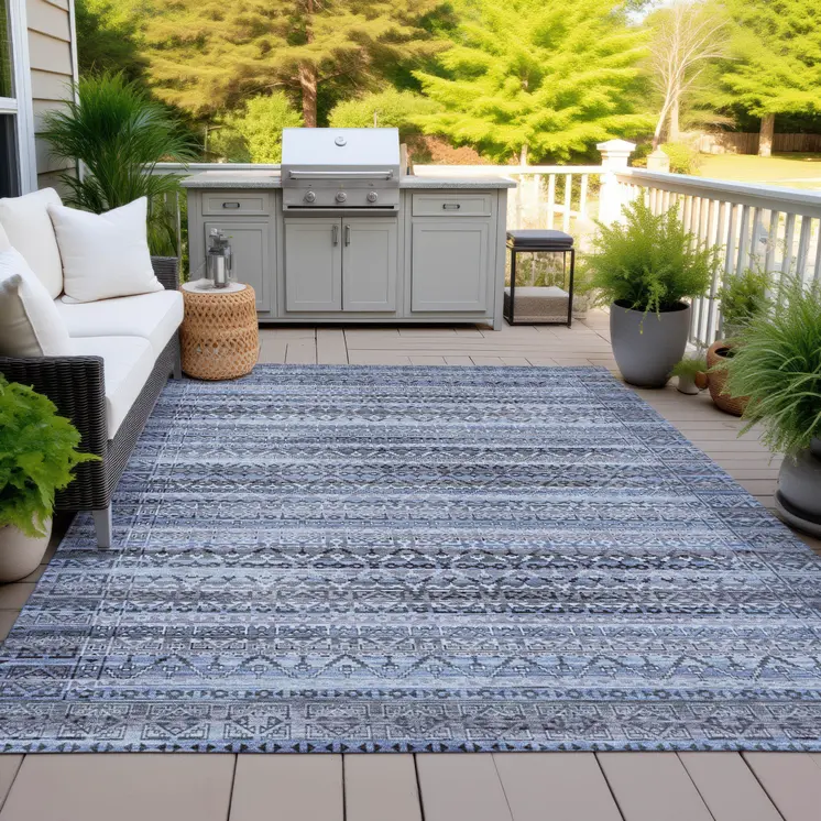10' X 14' Blue And Charcoal Striped Washable Indoor Outdoor Area Rug