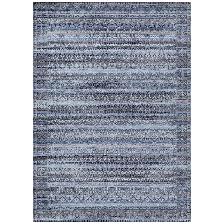 10' X 14' Blue And Charcoal Striped Washable Indoor Outdoor Area Rug