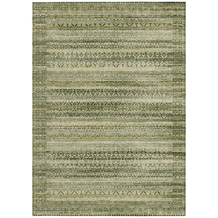 5' X 8' Green And Beige Striped Washable Indoor Outdoor Area Rug