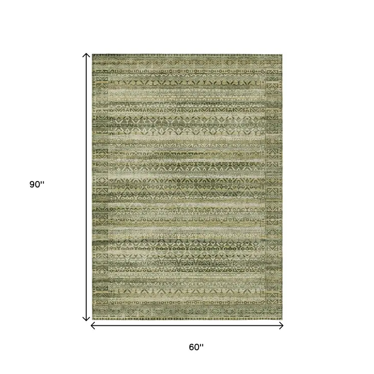 5' X 8' Green And Beige Striped Washable Indoor Outdoor Area Rug