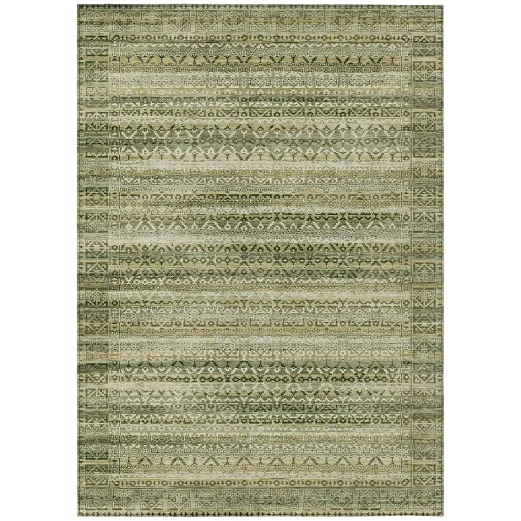 5' X 8' Green And Beige Striped Washable Indoor Outdoor Area Rug