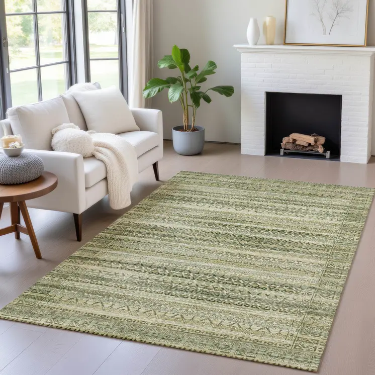 5' X 8' Green And Beige Striped Washable Indoor Outdoor Area Rug