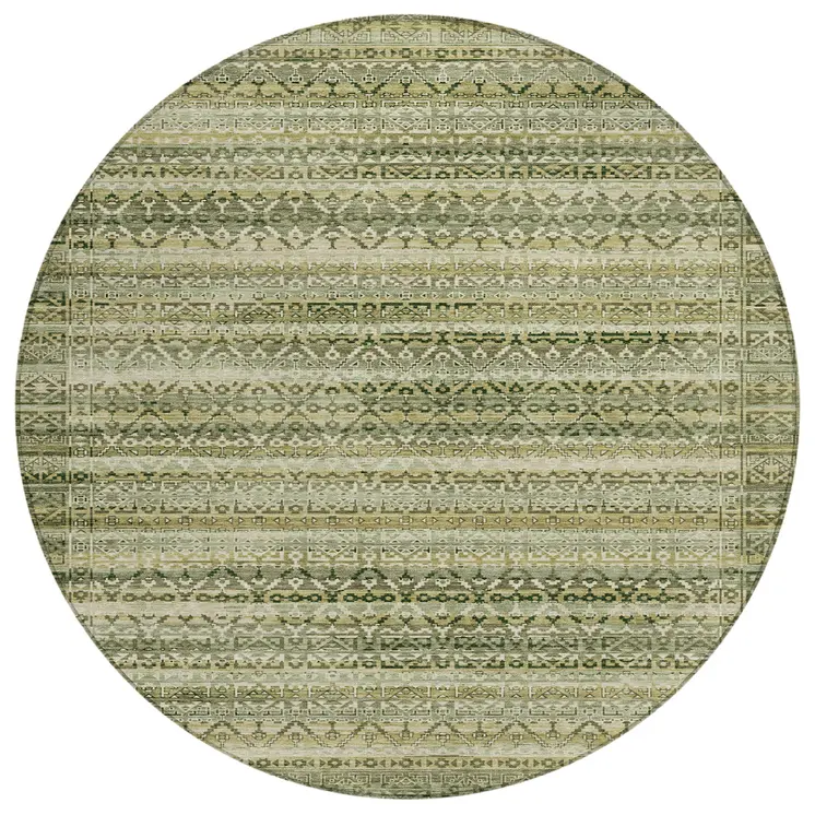 8' Green And Beige Round Striped Washable Indoor Outdoor Area Rug