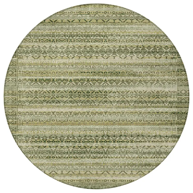 8' Green And Beige Round Striped Washable Indoor Outdoor Area Rug