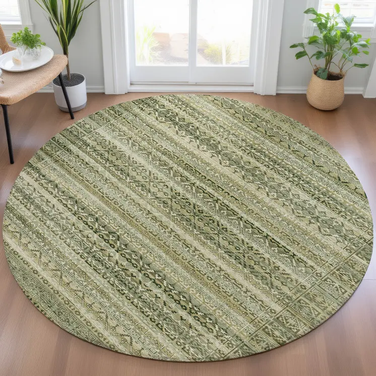 8' Green And Beige Round Striped Washable Indoor Outdoor Area Rug