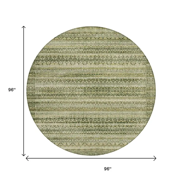 8' Green And Beige Round Striped Washable Indoor Outdoor Area Rug