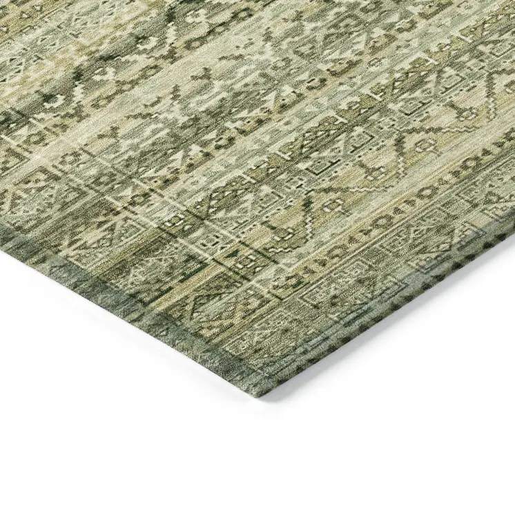 9' X 12' Green And Beige Striped Washable Indoor Outdoor Area Rug