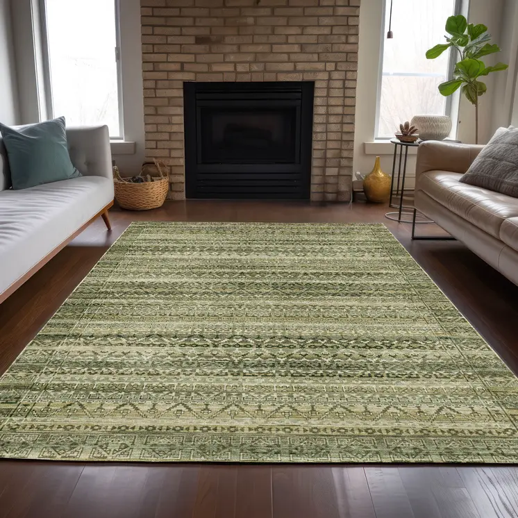 9' X 12' Green And Beige Striped Washable Indoor Outdoor Area Rug