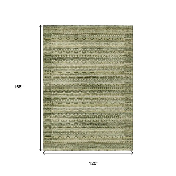 10' X 14' Green And Beige Striped Washable Indoor Outdoor Area Rug