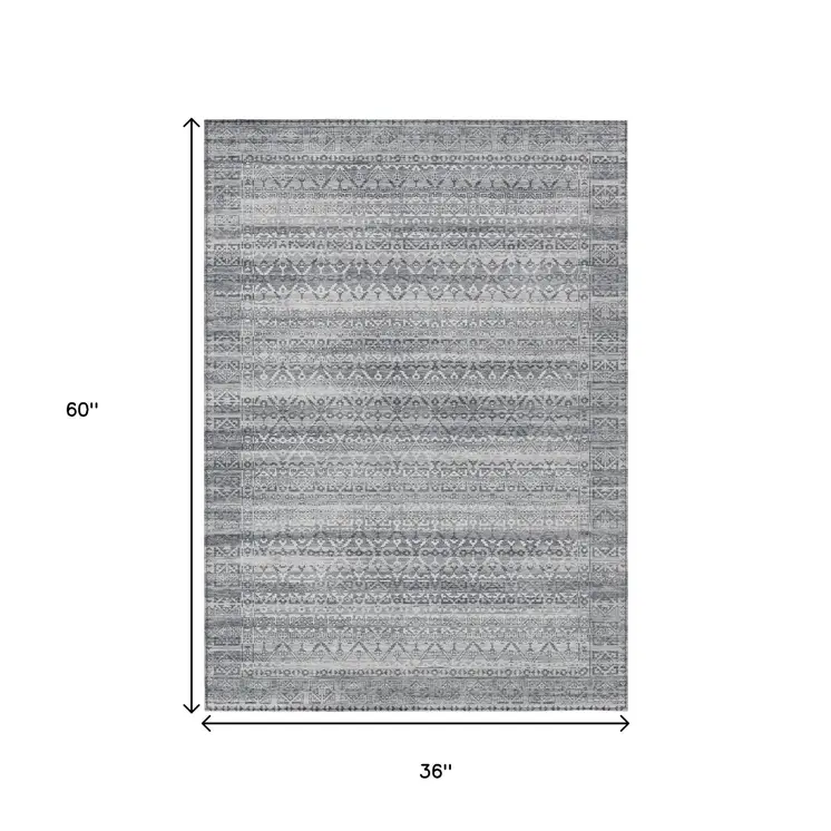 3' X 5' Gray And Silver Striped Washable Indoor Outdoor Area Rug