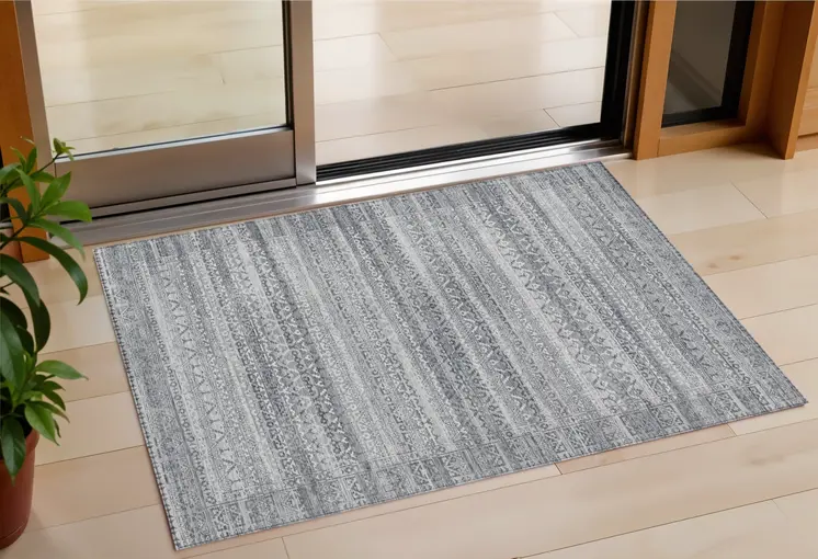 3' X 5' Gray And Silver Striped Washable Indoor Outdoor Area Rug
