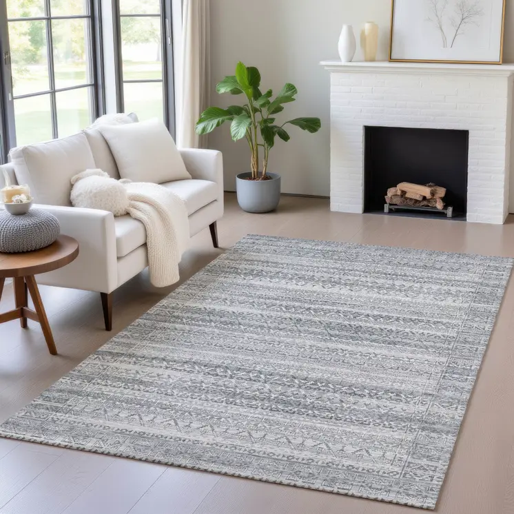 3' X 5' Gray And Silver Striped Washable Indoor Outdoor Area Rug
