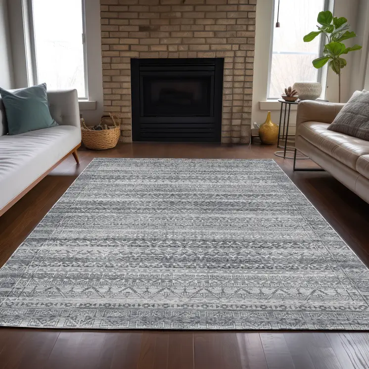 5' X 8' Gray And Silver Striped Washable Indoor Outdoor Area Rug