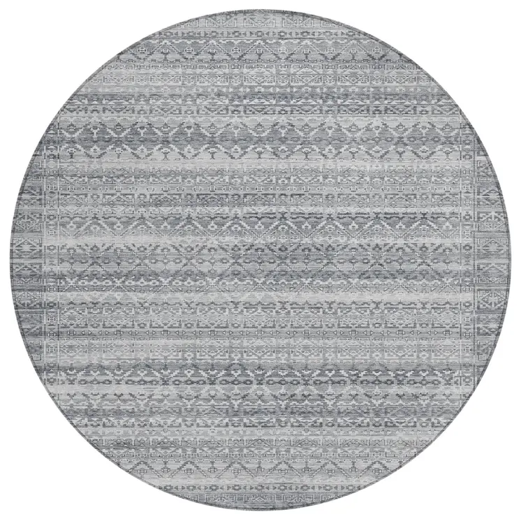 8' Gray And Silver Round Striped Washable Indoor Outdoor Area Rug