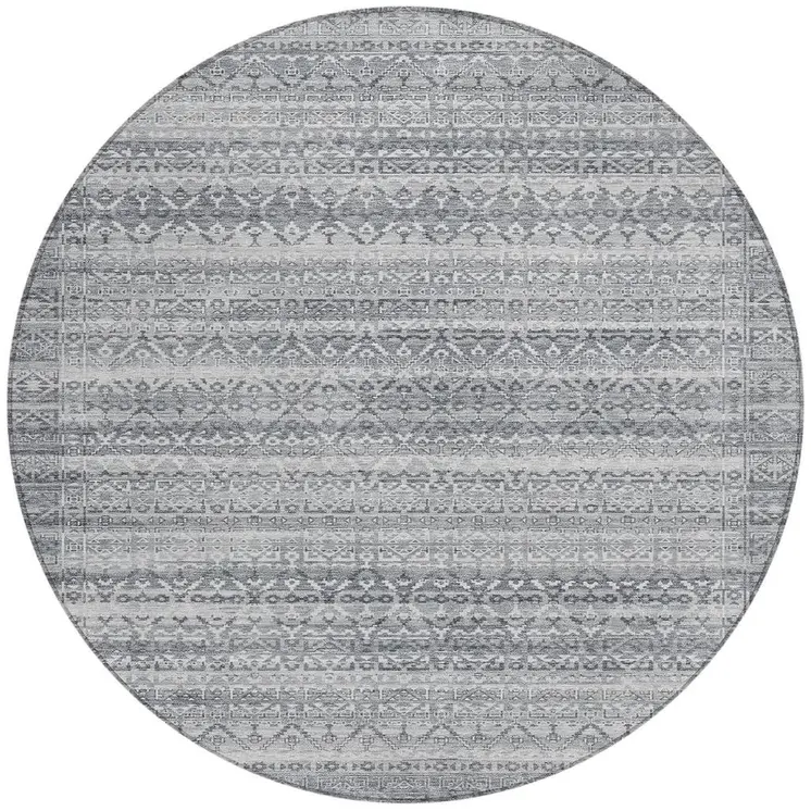 8' Gray And Silver Round Striped Washable Indoor Outdoor Area Rug