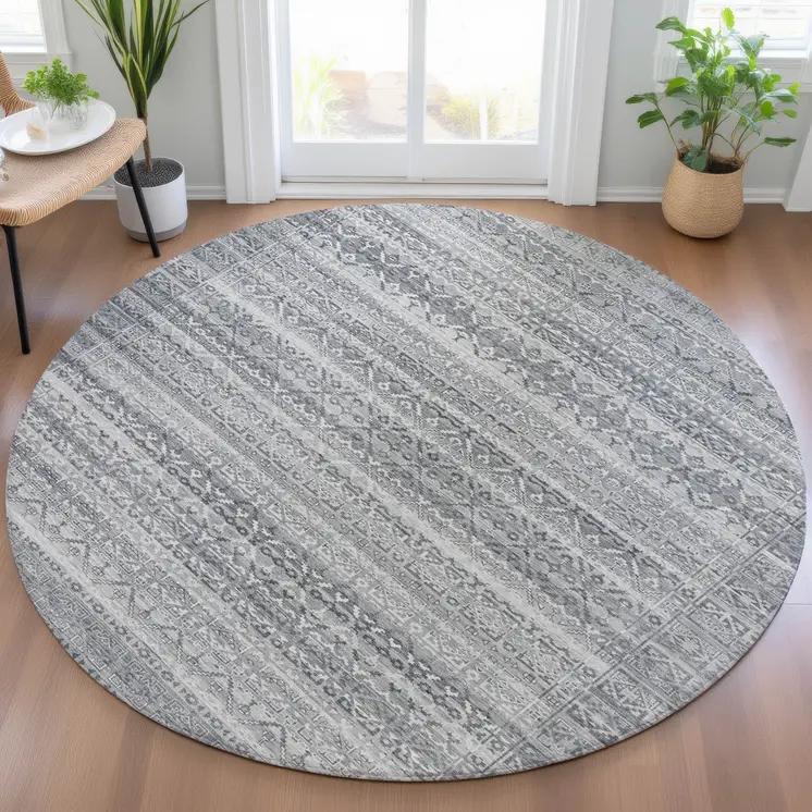 8' Gray And Silver Round Striped Washable Indoor Outdoor Area Rug