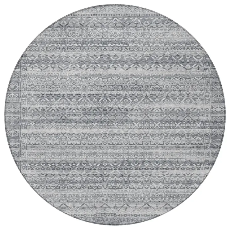 8' Gray And Silver Round Striped Washable Indoor Outdoor Area Rug