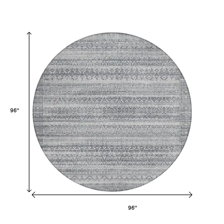 8' Gray And Silver Round Striped Washable Indoor Outdoor Area Rug