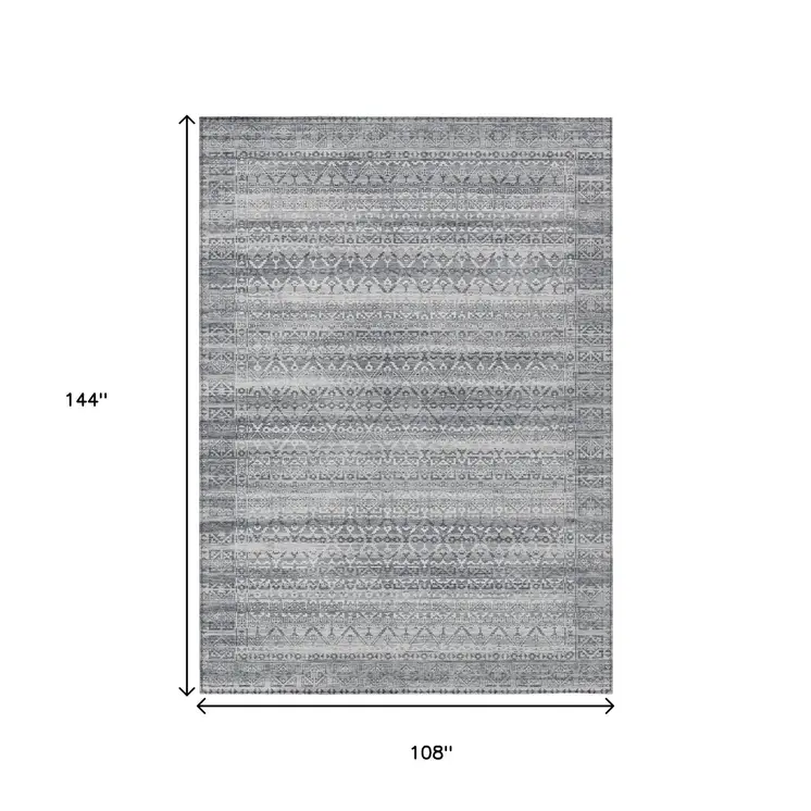 9' X 12' Gray And Silver Striped Washable Indoor Outdoor Area Rug