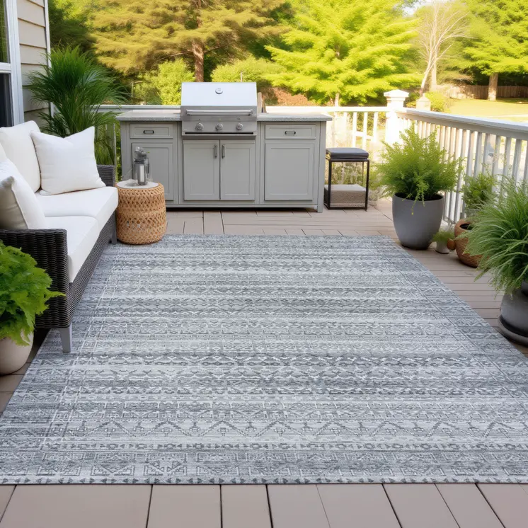 9' X 12' Gray And Silver Striped Washable Indoor Outdoor Area Rug