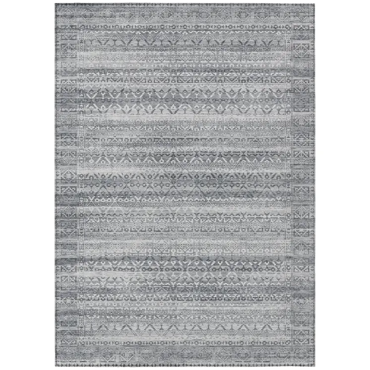 9' X 12' Gray And Silver Striped Washable Indoor Outdoor Area Rug