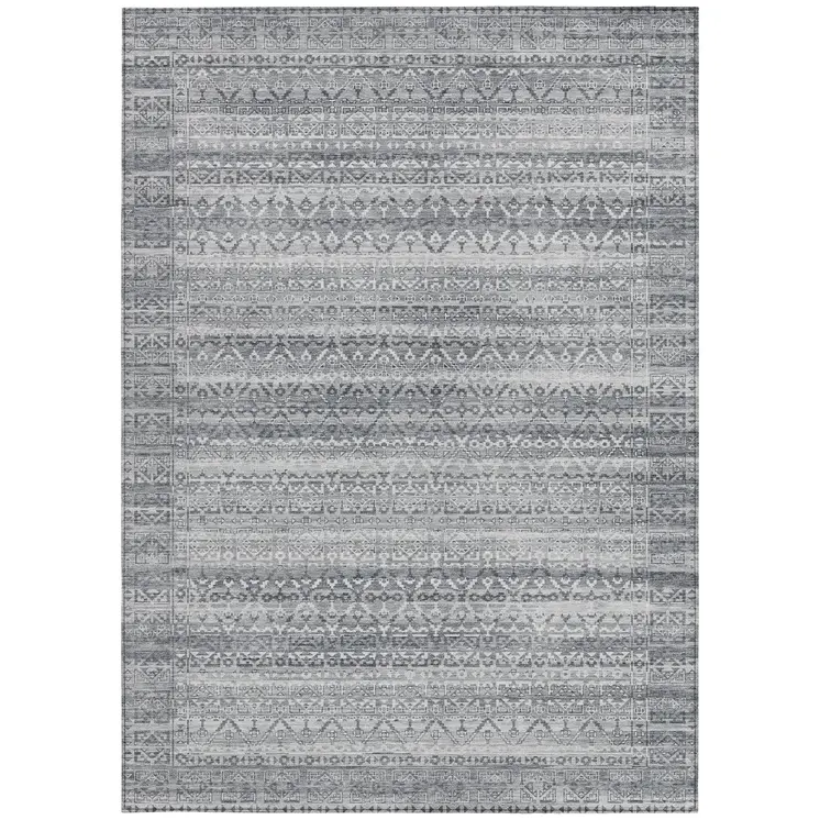 9' X 12' Gray And Silver Striped Washable Indoor Outdoor Area Rug
